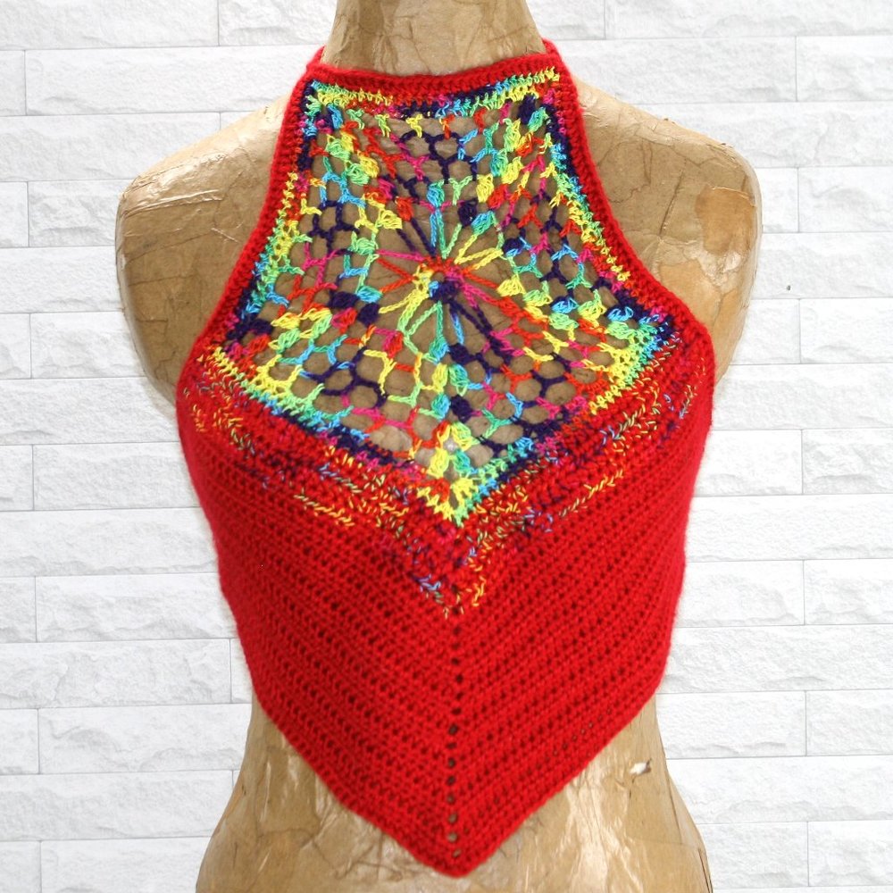 HAND CRAFTED Crop Top Crochet Halter Bikini Colorful Rainbow Pentagon Pride